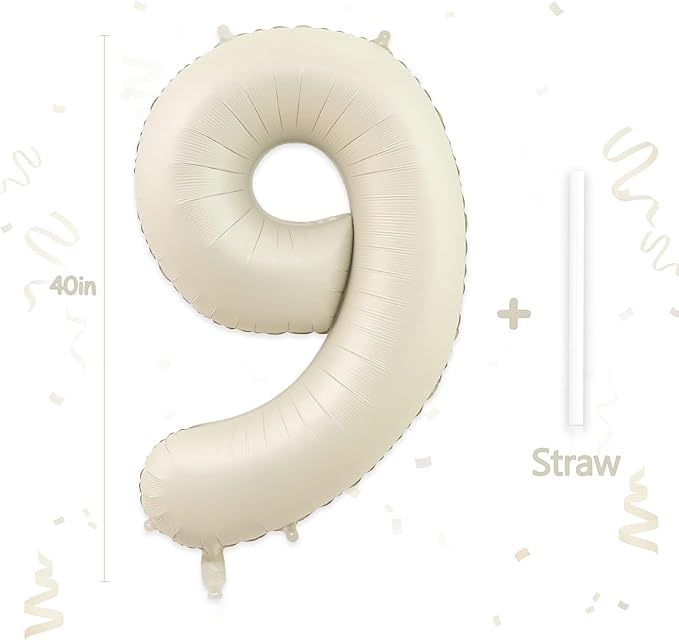 9 Balloon, Number 9 Balloon, Number Balloons 40 Inch, Sand White Large Big Foil Number Balloons for Birthday Party Graduation Wedding Anniversary Baby Shower Bachelorette Decoration Supplies
