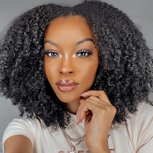 V Part Wig Human Hair Afro Kinky Curly Wig No Leave Out Brazilian Human Hair Wig For Black Women Beginner Friendly 200% Density Upgrade U Part Kinky Curly Wigs 16Inch