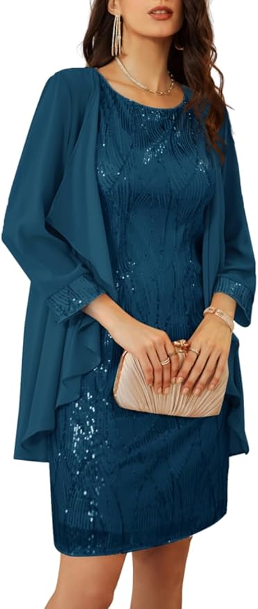 GRACE KARIN Women's Sequin Dress - Wedding Guest & Mother of The Bride Formal Dress - Two Piece Knee Length