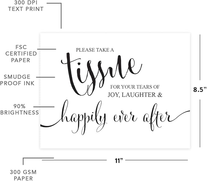 Andaz Press Wedding Party Signs, Formal Black and White, 8.5-inch x 11-inch, Please Take A Tissue for your Tears of Joy, Laughter and Happily Ever After, 1-Pack, Kleenex Ceremony Sign