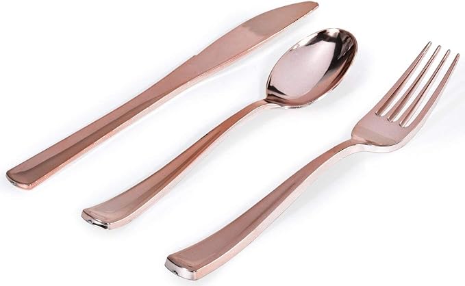 Rose Gold Plastic Silverware Set (160 Bulk Pack) Disposable Cutlery Utensils, 80 Forks, 40 Knives, 40 Spoons, Heavy Duty Rose Gold Flatware For Holidays, Parties, Dinners, Weddings, and Occasions