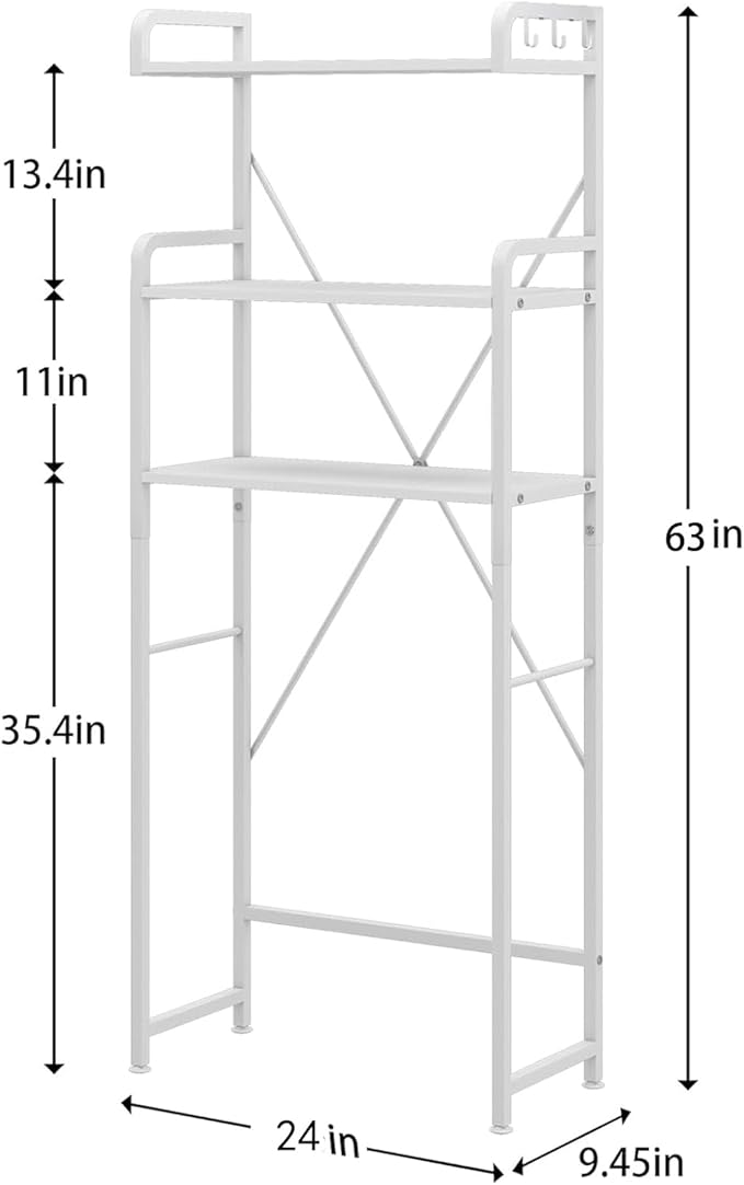 Over The Toilet Storage Rack with 3-Tier Bathroom Shelves, Space Saver Toilet Shelf, Bathroom Storage Organizer with Hooks for Over Toilet Storage and Shelf (White)
