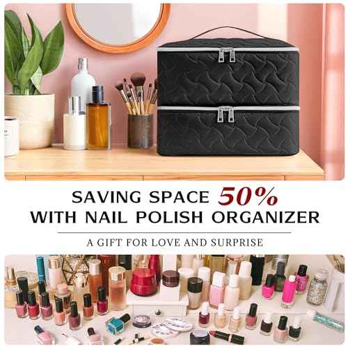 DreamGenius Nail Polish Organizer Case Holds 42 Bottles, Portable Double-Layer Nail Polish Storage Bag with Adjustable Dividers for Manicure Tools, Black