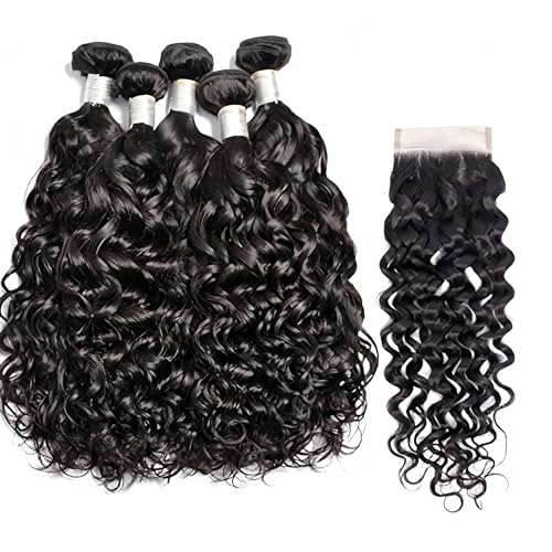 Brazilian Water Wave 5Bundles(50g/bundle) with 4x4 Lace Closure Wet and Wavy Bundles with Closure Deep Curly Bundles Human Hair Bundles with Closure (16/16/16/16/16+16)