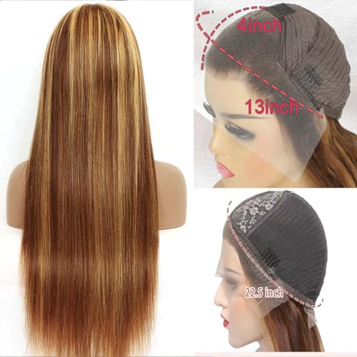 Highlight 13x4 HD Lace Front Wigs Human Hair 4/27 Honey Blonde Straight Transparent Lace Front Wigs Pre Plucked 12A Ombre Wigs Human Hair for Women 180% Density 24 Inch