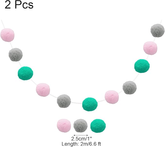 uxcell 2pcs Pom Pom Garland 6.6 Ft 30 Balls Colorful Felt Ball Garland for Wall Christmas Tree Decor Birthday Banner Easter Party Decorations, Light Pink, Grey, Green