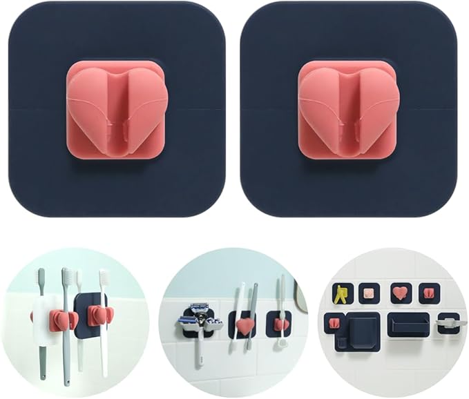 1+1 Silunity Silicone Toothbrush Holder - Suction & Stick, Reusable Sticker - Wall Mounted for Bathroom/Shower - Made in Korea - Ideal for Toothbrushes/Razors (Navy Pad (1+1), Single)