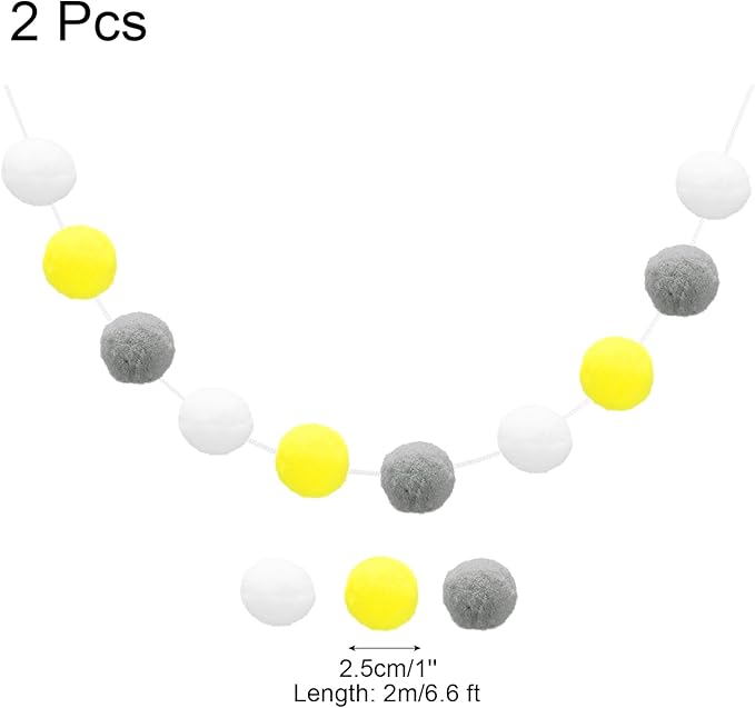 uxcell 2pcs Pom Pom Garland 6.6 Ft 30 Balls Colorful Felt Ball Garland for Wall Christmas Tree Decor Birthday Banner Easter Party Decorations, White, Yellow, Grey