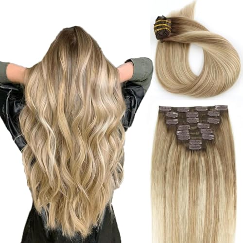 ABH AMAZINGBEAUTY HAIR Clip in Hair Extensions Ash Brown-Beach Blonde with Dark Brown Root R3-8-613 Real Human Hair Clip ins 16 Inch 8pcs/120g Real Hair Extensions For Women