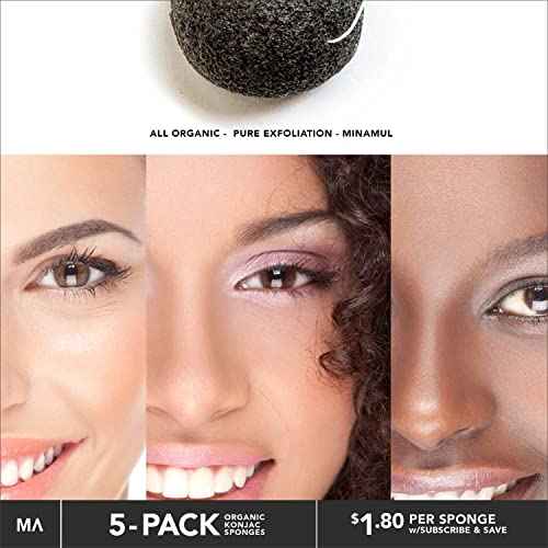 Minamul Konjac Exfoliating Organic Facial Sponge Set, Gentle daily face scrub/skincare, best bamboo activated charcoal, Safe for Oily, Dry, Combination or Sensitive skin, Makeup Remover, 5 pack