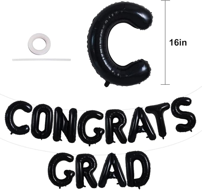 TONIFUL 2026 Congrats Grad Balloons - 16 Inch Black Congrats Foil Balloons Banner Reusable Material for Graduation Party Graduate Congratulations 2026 Congrats Grad Decorations