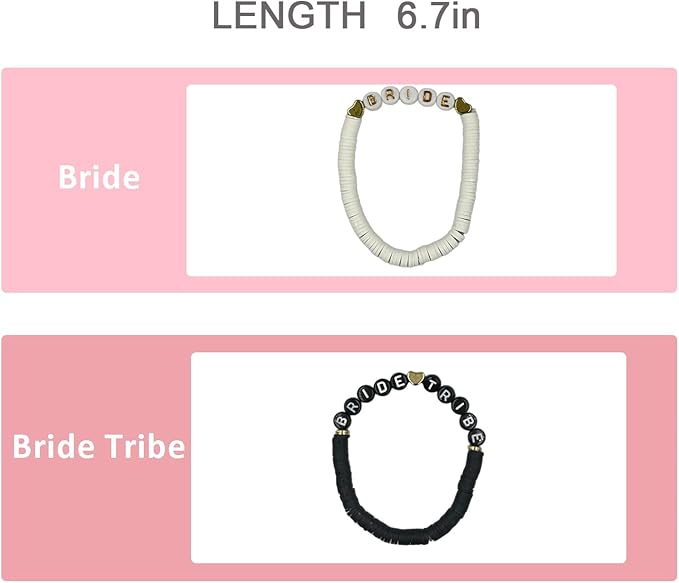 Bridal Shower Decorations, Bachelorette Party Favors, 8 Pcs Bride Tribe Clay Bead Bracelet Preppy Bracelet Stretch for Women Wedding Boho Disc Party Beach Wedding Gift Supplies (1White + 7Black)