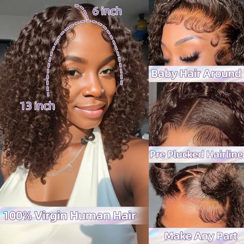 Curly Bob Wig Human Hair Deep Wave 13x6 HD Lace Front Wigs For Black Women Human Hair Pre Plucked Wear And Go Glueless Short Wet And Wavy Chocolate Brown #4 14 Inch