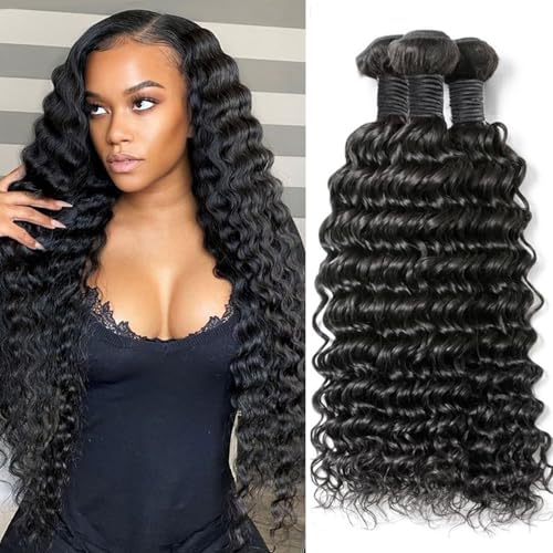 Deep Wave Bundles Human Hair Brazilian Virgin Hair Weave 3 Bundles Deep Curly 12A Grade Unprocessed Human Hair Extensions Natural Black 100g/pc 16 18 20 Inch