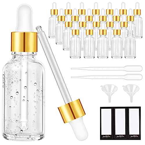 PrettyCare Glass Eye Dropper Bottle 2oz (60ml), 24 Pcs Clear Empty Thick Bottles Bulk with Leakproof Golden Caps - With Labels & Funnels for for Storage, Travel,Essential Oils, DIY Serums, Tincture