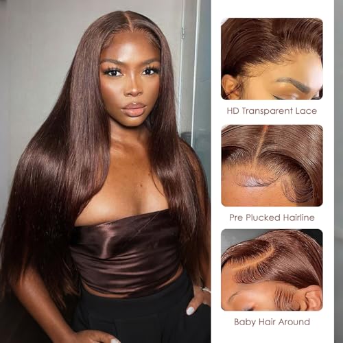Chocolate Brown(#4) Straight Wig Human Hair, 13x6 HD Lace Front Wigs Human Hair, Glueless & Pre Plucked Human Hair Wig with Baby Hair, 180% Density Ash Blonde Wig (20inch)