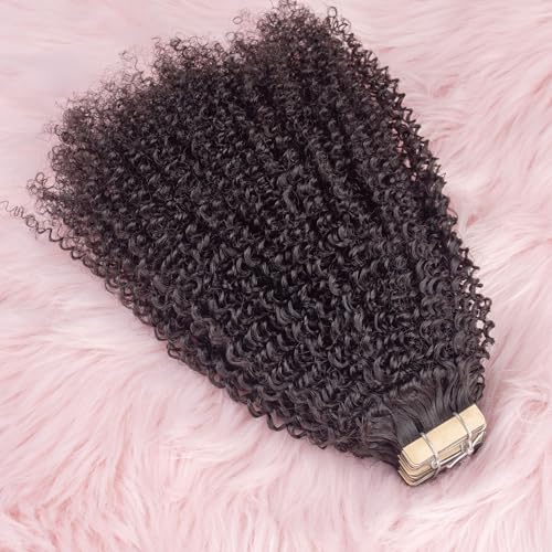 Invisible 4C Afro Kinky Curly Tape in Hair Extensions for Black Women Niawigs Black Color Real Human Hair Tape ins, 40PCS Double Sided PU Skin Weft 22 Inches