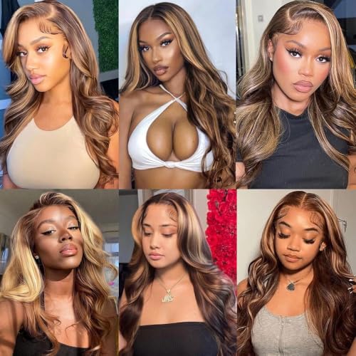 Honey Blonde Brown Highlight Body Wave Human Hair Weave 3 Bundles Brazilian Remy Hair Ombre Blonde Human Hair Wavy Weaves Sew in Piano Color P4/27
