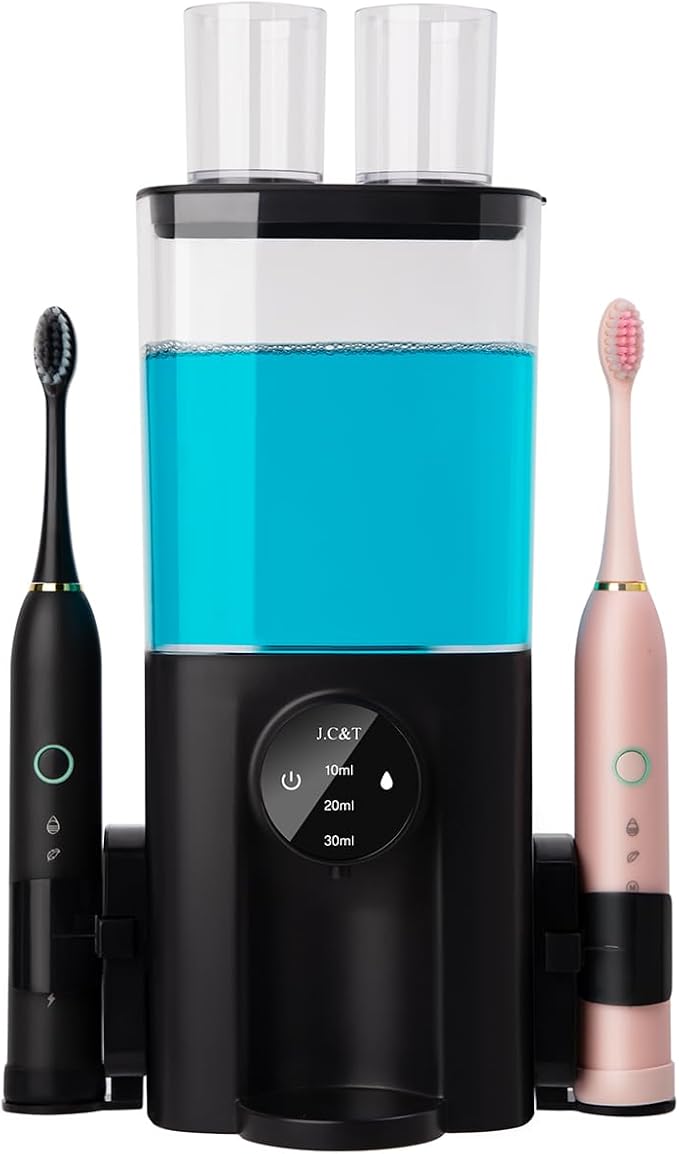 J.C&T Mouthwash Dispenser for Bathroom, 650ML(22 Fl Oz) Smart Mouthwash Dispensers Toothbrush Holders Wall Mounted,Wall Mounted/Countertop Automatic Mouthwash Dispenser for All Age Groups,Black