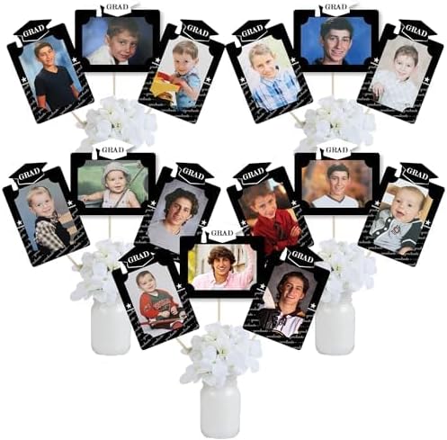 Black Graduation Party Decorations, Photo Display Centerpiece Kit - 15 Double-Sided Photo Table Topper Sticks, Vertical and Horizontal 4x6 Picture Holders - Graduation Cheers
