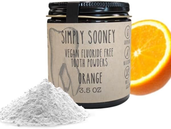 Simply Sooney Glass Jar Vegan Fluoride Free Remineralizing Tooth Powder Kid Safe Orange I Organic Ingredients
