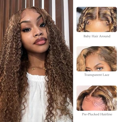 Honey Blonde 13x6 Deep Curly Lace Front Wigs Human Hair Pre Plucked Curly Frontal Wig 26 inch 4/27 Highlight Ombre Deep Jerry Curly HD Lace Front Wigs 180% Density Curly Lace Front Wig for Women