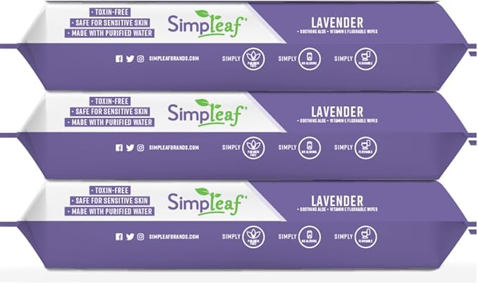 Simpleaf Flushable Wet Wipes Lavender | Plastic Free, Paraben & Alcohol Free | Hypoallergenic & Safe for Sensitive Skin | Soothing Aloe Formula | Adult Toilet Wipes (3 x 50 Counts Pack) 150 Counts