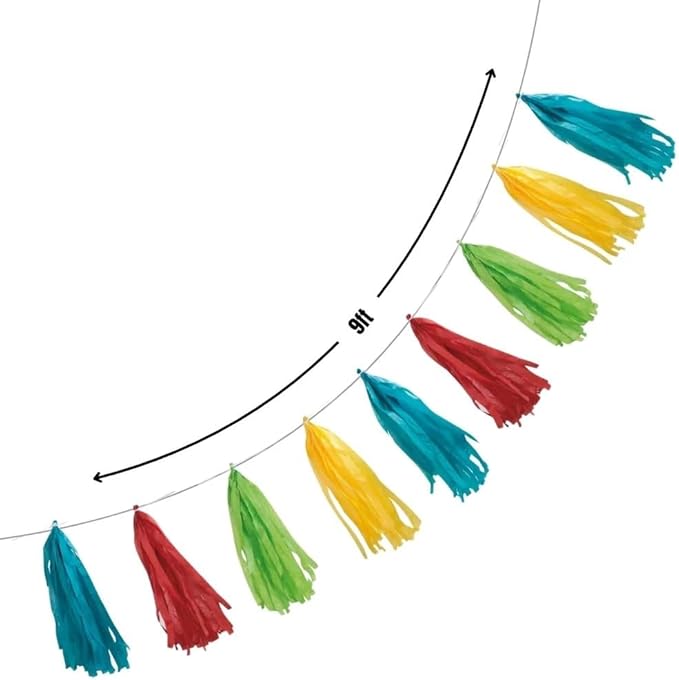 Vibrant Rainbow Tissue Tassel Garland - 9 ft. (Pack of 3) - Eye-catching Paper Tassels, Bright & Unique Decoration - Perfect Party Decor