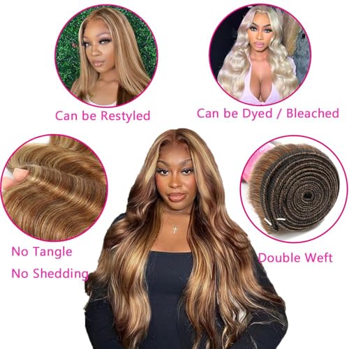 Honey Blonde Brown Highlight Body Wave Human Hair Weave 3 Bundles Brazilian Remy Hair Ombre Blonde Human Hair Wavy Weaves Sew in Piano Color P4/27