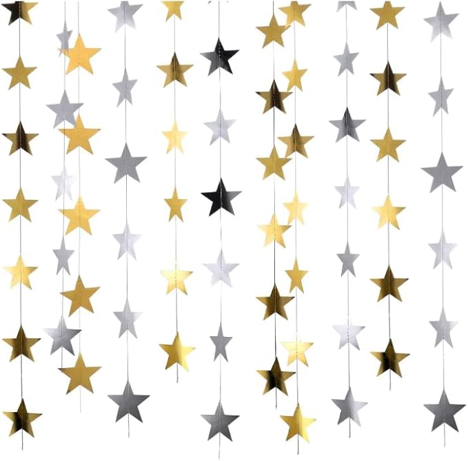 Gold Silver Glitter Star Garland Hanging Decorations, Streamer Bunting Banner Decorations,65 Feet, Twinkle Star Backdrop for Graduation, Birthday, Wedding, Christmas Party, New Year (Gold Silver)