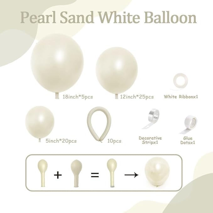 Pearl White Sand Balloon Double Stuffed White Balloons Garland Pearl Beige Ivory Arch Kit Cream Long Balloons Different Size for Birthday Wedding Baby Shower Anniversary Decoration
