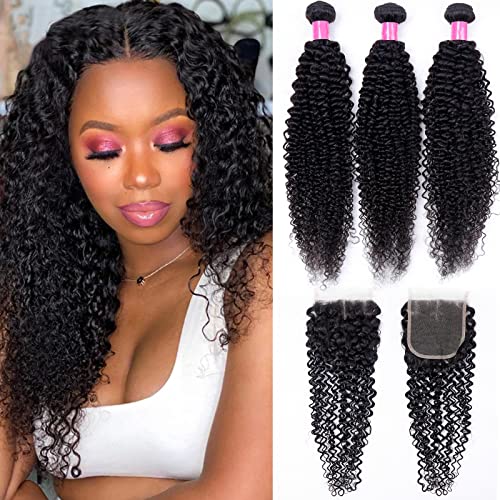 Kinky Curly Bundles and Closure Brazilian Human Hair Bundles with Closure Unprocessed Virgin 3 Bundles with 4x4 Lace Closure(14 16 18+12) Natural Color