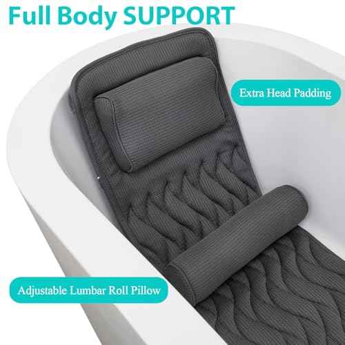 AEROiVi Full Body Bath Pillow with Adjustable Lumbar Roll Pillow Bathtub Cushion with 14 Suction Cups 3D Air Mesh Fit Any Tub Gray Bathroom Accessories