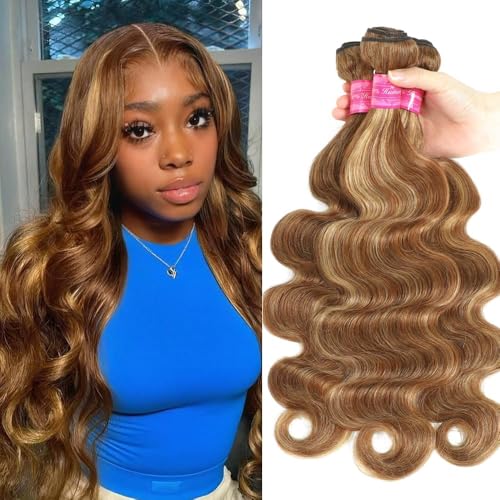 Honey Blonde Brown Highlight Body Wave Human Hair Weave 3 Bundles Brazilian Remy Hair Ombre Blonde Human Hair Wavy Weaves Sew in Piano Color P4/27