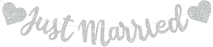 BEISHIDA Silvery Just Married Banner - NO DIY, Glitter Wedding Party Banner,Just Married Signs, Bachelorette/Bridal Garland,Engagement Party Decor Supplies, Wedding Reception Party Decorations.