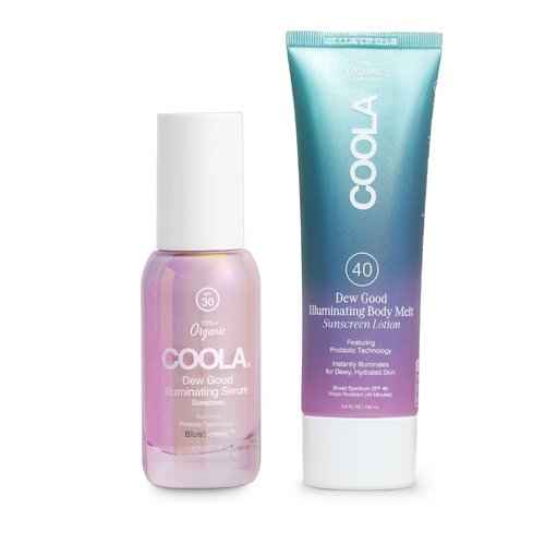 COOLA Organic Dew Good Illuminating Probiotic Serum with SPF 30 and Body Melt with SPF 40, Dermatologist Tested Sunscreen that Instantly Illuminates Skin