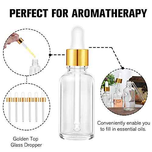 PrettyCare Glass Eye Dropper Bottles 24 Pack, 1oz (30ml) Clear Empty Thick Bottles Bulk with Leakproof Golden Caps - With Labels & Funnels for Storage, Travel, Essential Oils, Cuticle Oils, Tinctures