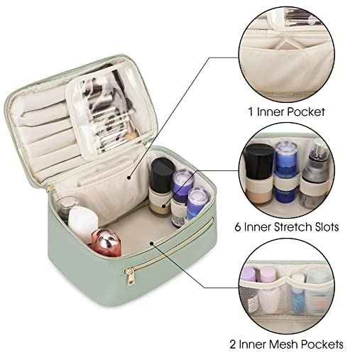 Wandering Nature Makeup Bag, Travel Make Up Organizer Cosmetic Brush Bags Case for Women in Vegan Leather, Sage Green, Patent Pending