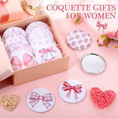 12 Pcs Coquette Aesthetic Compact Mirror Bulk Bow Travel Makeup Pocket Purse Mini Mirror for Women Wedding Bridal Shower Birthday Breast Cancer Coquette Party Favor (Cute Style,Pink)