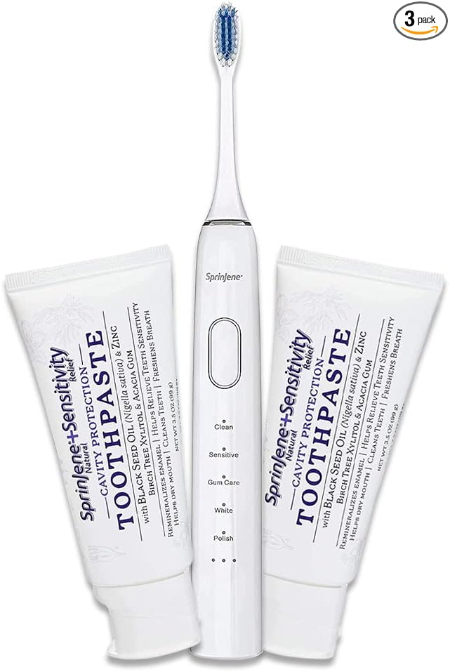 SprinJene Natural Toothpaste + Sonic Toothbrush - Cavity Protection for Sensitivity Relief of Teeth and Gums with Fluoride, Fresh Breath, Helps Dry Mouth - Vegan, Dye-Free, and SLS Free Toothpaste