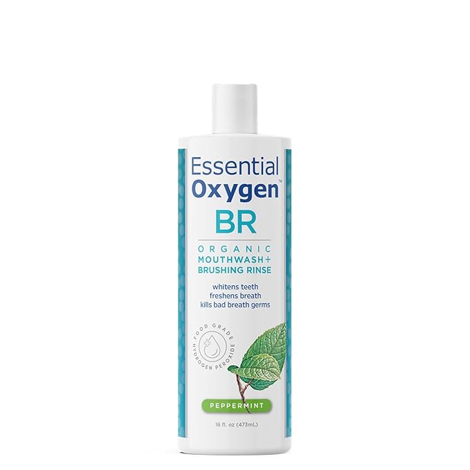 Essential Oxygen Certified BR Organic Brushing Rinse, All Natural Mouthwash for Whiter Teeth, Fresher Breath, and Happier Gums, Alcohol-Free Oral Care, Peppermint, 16 Ounce, Package may vary