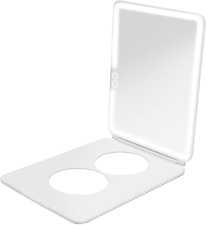 Vanity Planet Handheld Makeup Mirror with Lights, Pose 2.0 (Grey) - Light Up Travel LED Mirror with 3X & 5X Magnification - Dimmable Lighting & Micro-USB Rechargeable Lighted Compact Mirror