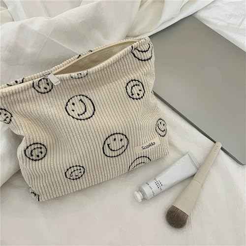 Cosmetic Bags for Women - Corduroy Cosmetic Bag Aesthetic Women Handbags Purses Smile Dots Makeup Organizer Storage Makeup Bag Girls Case Bags (A-Beige)
