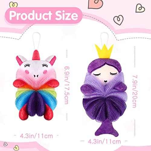 Nuenen 2 Pcs Bath Loofahs Kids Toddler Cute Cartoon Bath Sponges Loofah Pouf Body Scrubber Mesh Sponges for Children Shower Washing Exfoliating(Unicorn, Princess)