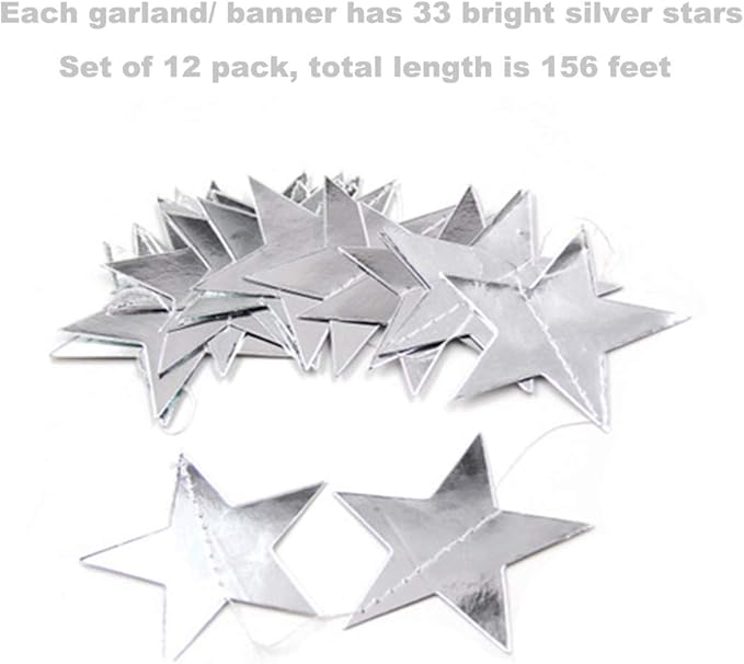Silver Star Garland Banner Decorations - 156 Feet Bright Silver Paper Garland Hanging Decorations, Glitter Star Bunting Banner for Wedding, Birthday, Holiday, Christmas Party