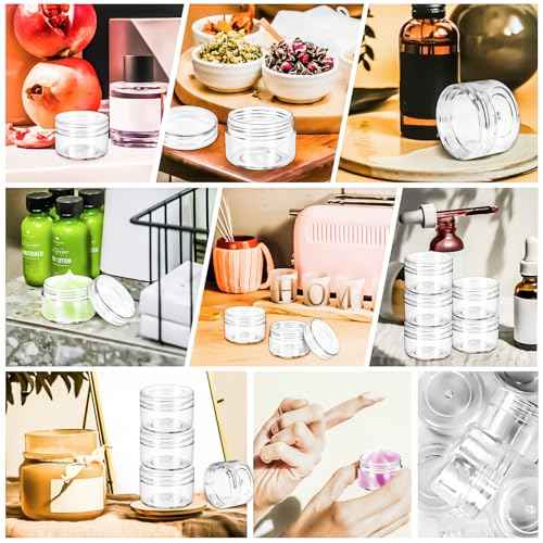 MotBach 40 PCS 15g Empty Plastic Containers with Clear Lids, Small Makeup Containers, 0.5oz Small Sample Jars Round Travel Cosmetic Jars with Spatulas for Liquid Cream Lotion Powder