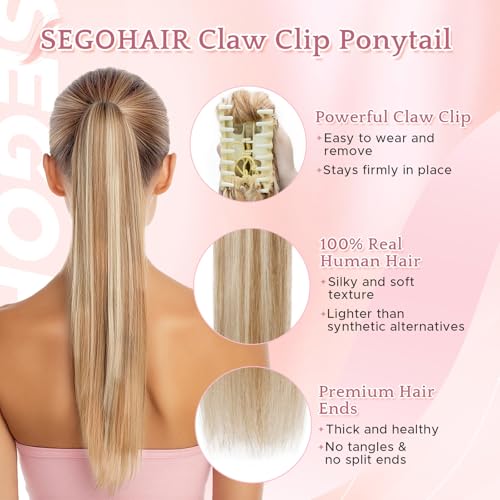 Human Hair Claw Clip Ponytail Extension 100% Real Human Hair Clip-In Extensions for Women Long Straight Pony Tails 16 Inches 105g #12P613 Golden Brown mixed Bleach Blonde