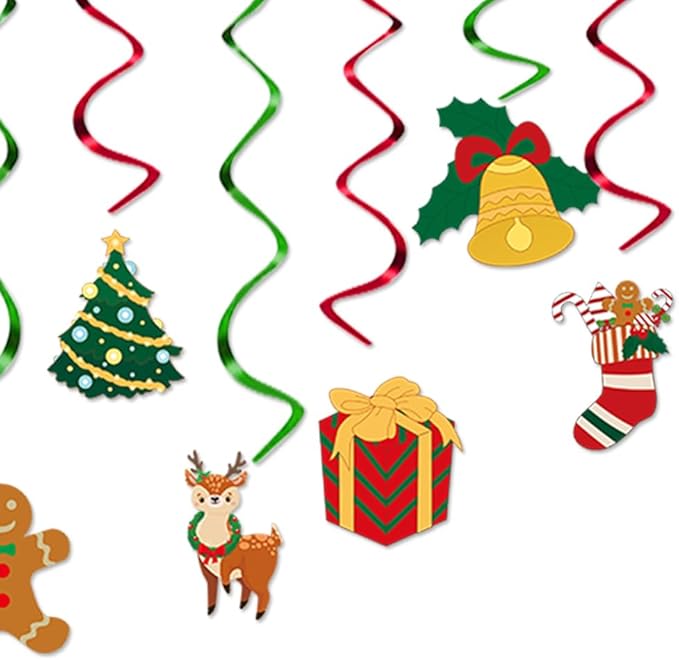 Merry-Christmas Ceiling Hanging Foil-Swirl Decorations - 20pcs Red Green Tree Socks Snowman Santa Claus Elk Gifts Streamers Garland, Fireplace Window Room Indoor Holiday Party Supplies Hugtmr
