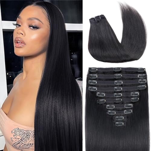 Clip in Hair Extensions Real Human Hair,18inch 150g 10Pcs with 24 clips,Natural Black,Straight Human Hair Clip in Hair Extensions for Black Women