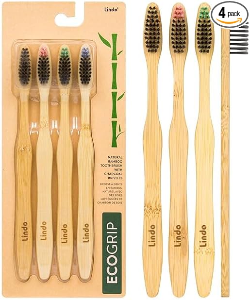 Lindo EcoGrip Charcoal Infused Bamboo Toothbrush - Soft German Made Fiber Bristles, Organic and Recyclable, Multi-Colored - Pack of 4